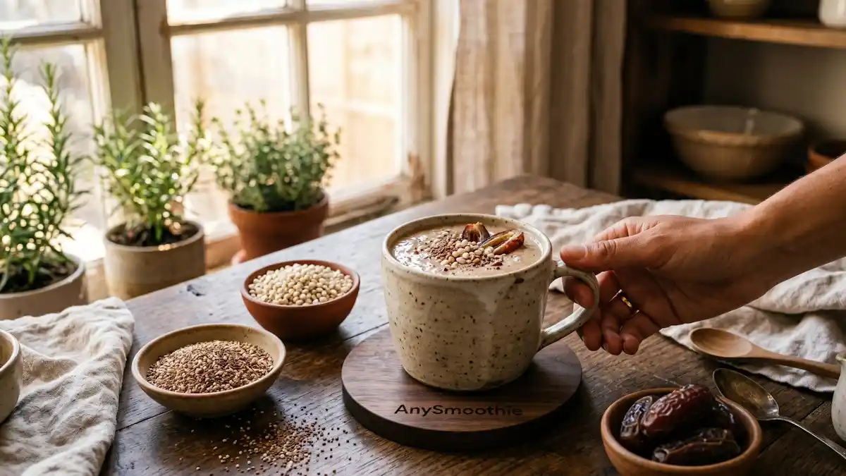 "A creamy ancient grains smoothie in a ceramic mug on a branded AnySmoothie wooden coaster, surrounded by small bowls of raw teff seeds, sorghum pearls, and dates in a sunlit rustic kitchen."
