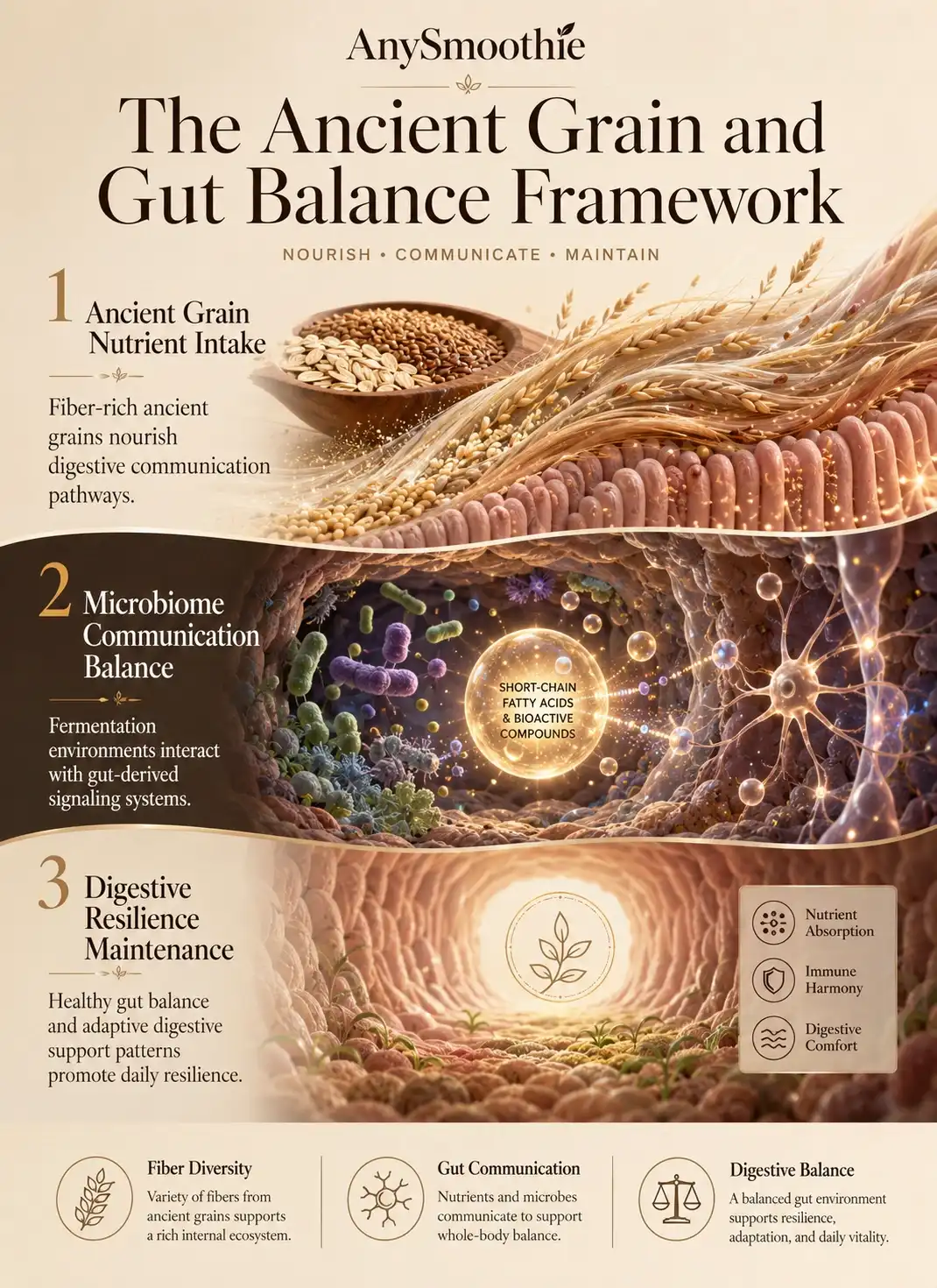 Premium wellness-science infographic showing how ancient grains smoothies support gut repair, microbiome communication balance, digestive resilience, and fiber diversity through cinematic biological digestive environments.