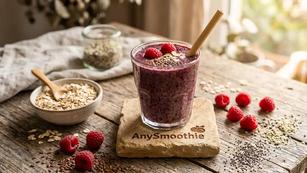 Close-up of a thick fiber-rich berry smoothie topped with seeds, resting on an AnySmoothie etched stone coaster with scattered oats and raspberries in warm sunlight.
