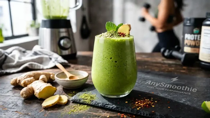 Vibrant matcha green metabolic smoothie in a glass on a laser-etched AnySmoothie slate coaster, surrounded by ginger root, MCT oil, and chili flakes in a high-contrast fitness photography style.