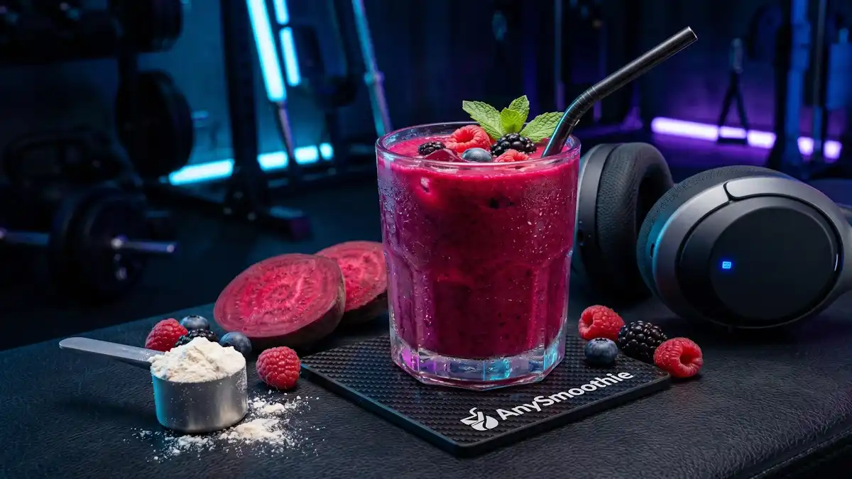 Deep magenta beet and berry protein smoothie on a carbon fiber AnySmoothie coaster with gym headphones and blue neon lighting.