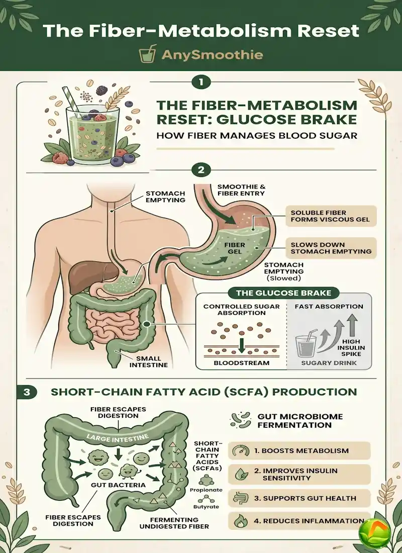 Educational infographic by AnySmoothie titled "The Fiber-Metabolism Reset" explaining the Glucose Brake mechanism, showing soluble fiber forming a gel in the stomach and SCFA production in the large intestine.