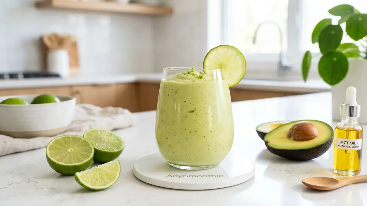 Creamy avocado and lime metabolic smoothie on an AnySmoothie porcelain coaster with MCT oil and fresh ingredients.