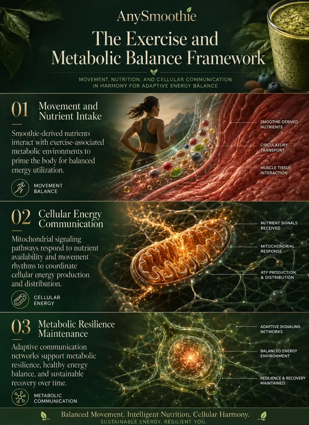 Premium wellness-science infographic illustrating the biohacking exercise and metabolism smoothie framework with movement balance, cellular energy communication, mitochondrial signaling, nutrient timing, and adaptive metabolic resilience in a cinematic biological environment.