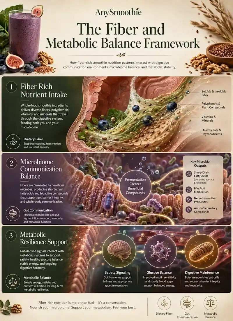 Premium wellness-science infographic explaining how fiber rich smoothies support microbiome communication, digestive balance, satiety signaling, and metabolic resilience through fiber-rich nutrition patterns.