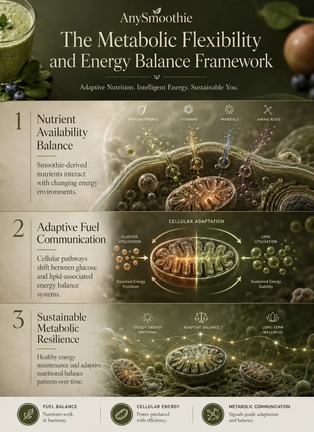 Premium wellness-science infographic illustrating metabolic flexibility smoothies for easy weight loss, adaptive fuel communication, nutrient availability balance, mitochondrial energy pathways, and sustainable metabolic resilience with cinematic biological rendering.