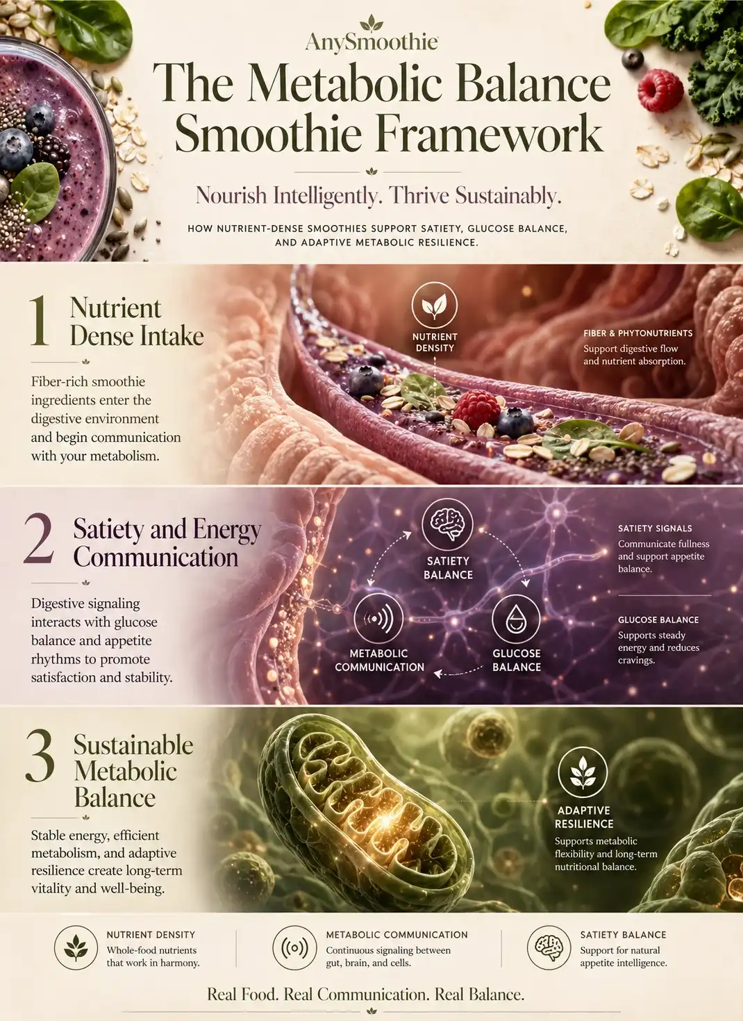 Premium wellness-science infographic showing the metabolic balance smoothie framework with nutrient dense intake, satiety communication, glucose balance, and sustainable metabolic resilience for metabolic smoothies for weight loss.