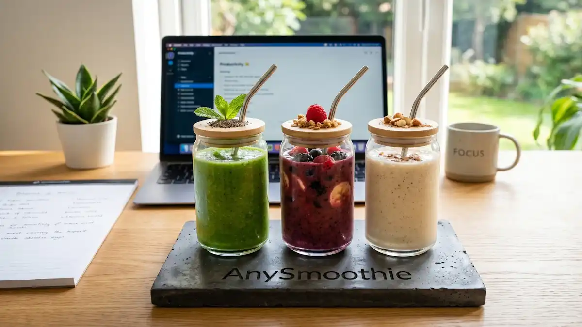 Three vibrant Blueprint smoothies (green, berry, and creamy) on a laser-etched AnySmoothie concrete coaster in a sunlit minimalist home office.