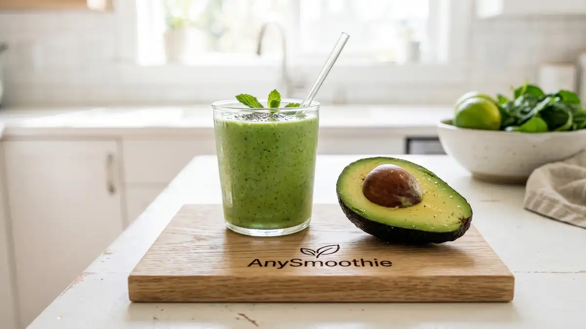 Minimalist shot of a halved ripe avocado and a creamy green smoothie on a laser-etched AnySmoothie oak coaster, perfect for avocado smoothies for metabolic weight loss.