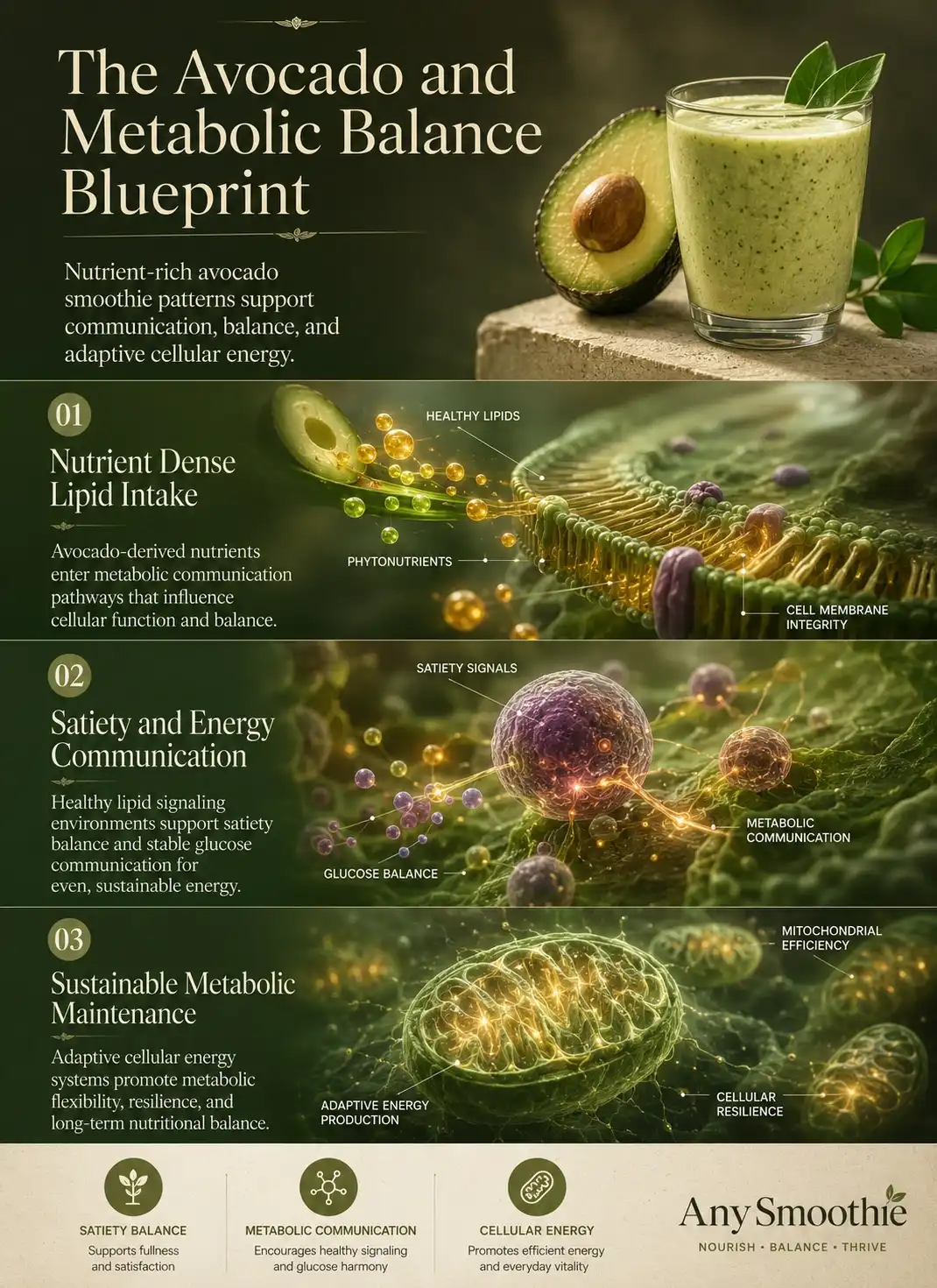 Premium wellness-science infographic showing how avocado smoothies support metabolic weight loss, satiety balance, metabolic flexibility, and sustainable cellular energy through nutrient-dense lipid communication pathways.