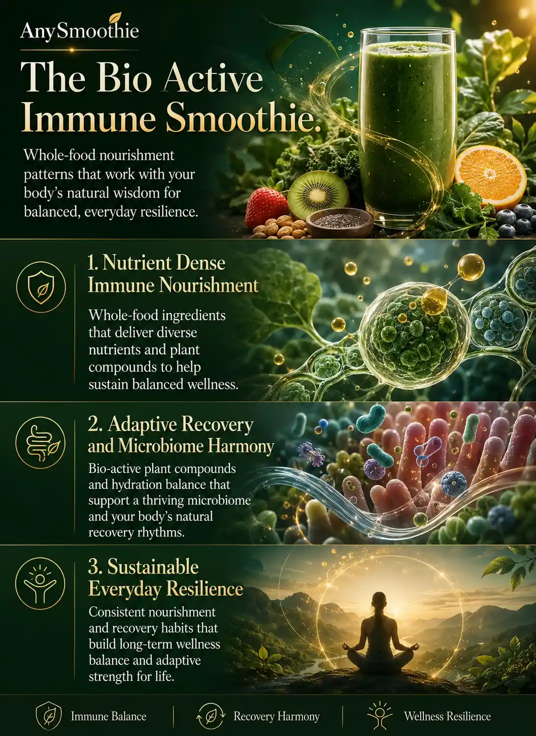 Premium wellness-science infographic titled “The Bio Active Immune Smoothie” featuring bio-active smoothie nutrition patterns, microbiome harmony, adaptive recovery rhythms, immune wellness balance, and sustainable resilience with cinematic green botanical visuals and elegant editorial design.