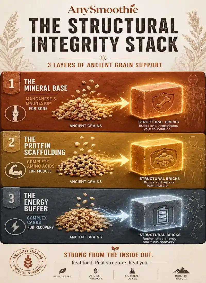 Infographic showing the Structural Integrity Stack with ancient grains and proteins smoothie benefits including mineral base for bones, protein scaffolding for muscle, and complex carbs for energy recovery