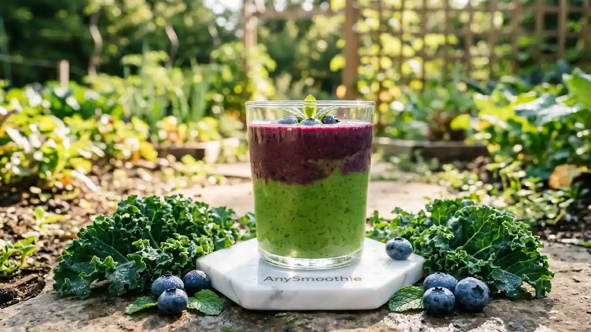A multi-layered green and purple bio smoothie for nutrient purity, served in a glass with the AnySmoothie logo on a marble coaster in a sun-drenched organic garden.