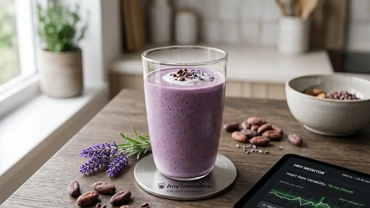A minimalist violet cacao and lavender smoothie in a glass cup on a laser-etched pewter coaster, styled alongside raw cacao beans and a digital HRV monitor for nervous system support.
