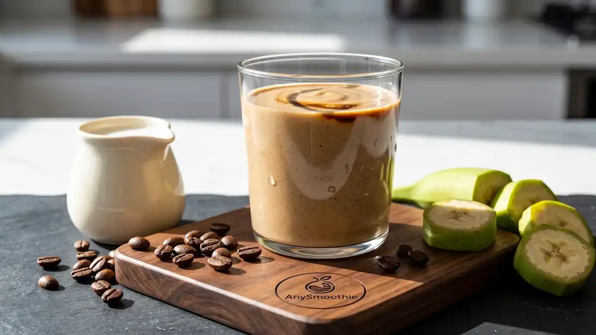 "A creamy coffee banana metabolic breakfast smoothie by AnySmoothie, served in a modern glass on a laser-etched walnut coaster with roasted beans, green banana slices, and almond milk under bright morning sunlight."