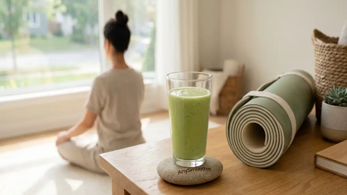 A tall glass of green smoothie on a personalized AnySmoothie stone coaster, next to a rolled-up sage green yoga mat, with a woman stretching by a window in the background.