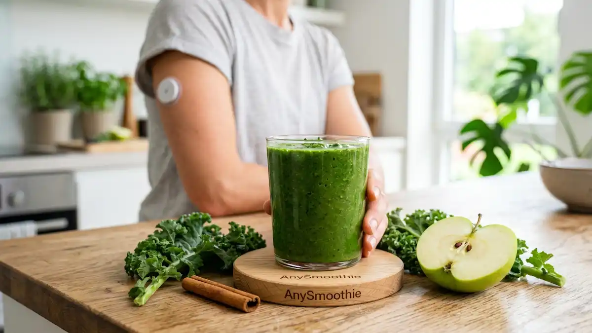 A thick deep green smoothie in a minimalist glass on a laser-etched AnySmoothie wood coaster, surrounded by kale, cinnamon, and a green apple, with a person wearing a CGM glucose monitor in the background.
