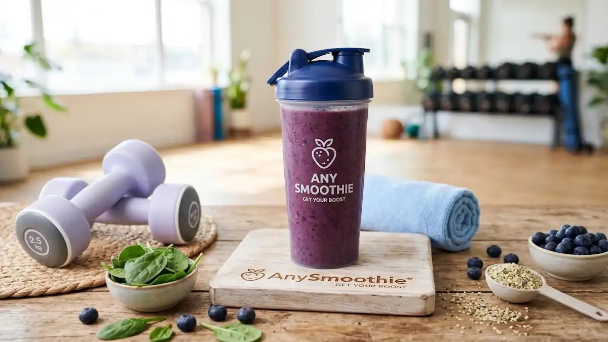 Vibrant purple berry smoothie in an AnySmoothie shaker bottle on a laser-etched wooden coaster, surrounded by dumbbells, hemp seeds, and spinach in a bright gym setting.