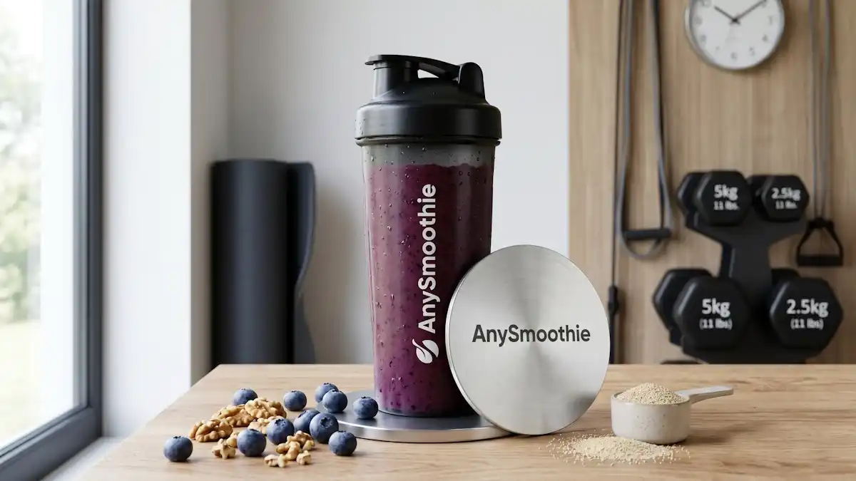 A deep-purple neuro priming smoothie in a sleek AnySmoothie shaker on a laser-etched aluminum coaster, surrounded by blueberries and walnuts in a minimalist home gym setting.