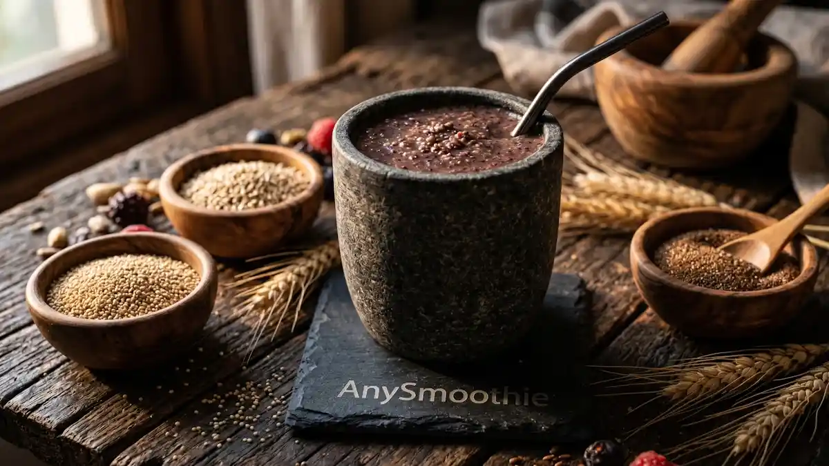 A thick, textured ancient grains and proteins smoothie in a stone glass on a laser-etched AnySmoothie slate coaster, surrounded by raw amaranth, quinoa, and teff seeds in rustic wooden bowls.