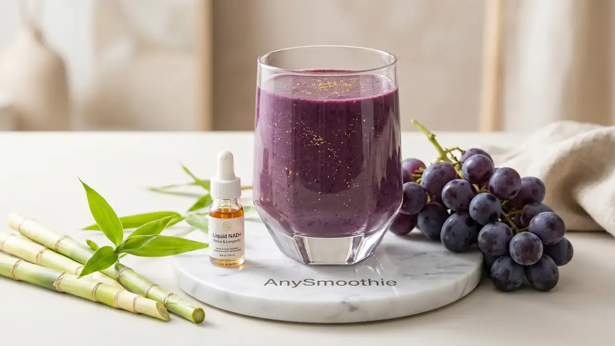 An elegant deep purple longevity smoothie on a marble coaster, featuring gold flecks, a bottle of liquid NAD+, fresh grapes, and bamboo shoots as a source of silica.