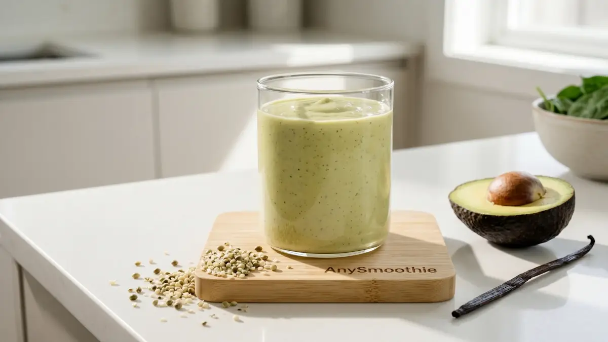 "A creamy pale-green balance smoothie for smart weight loss in a minimalist glass, placed on a bamboo coaster with the AnySmoothie logo. Surrounded by fresh avocado, hemp seeds, and a vanilla bean in a bright, clean kitchen setting."