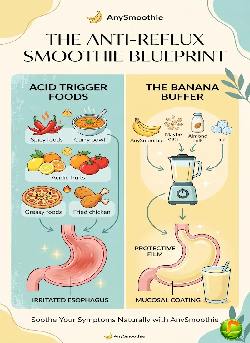 Infographic showing how a banana smoothie for acid reflux creates a protective mucosal coating on the esophagus compared to acid trigger foods.