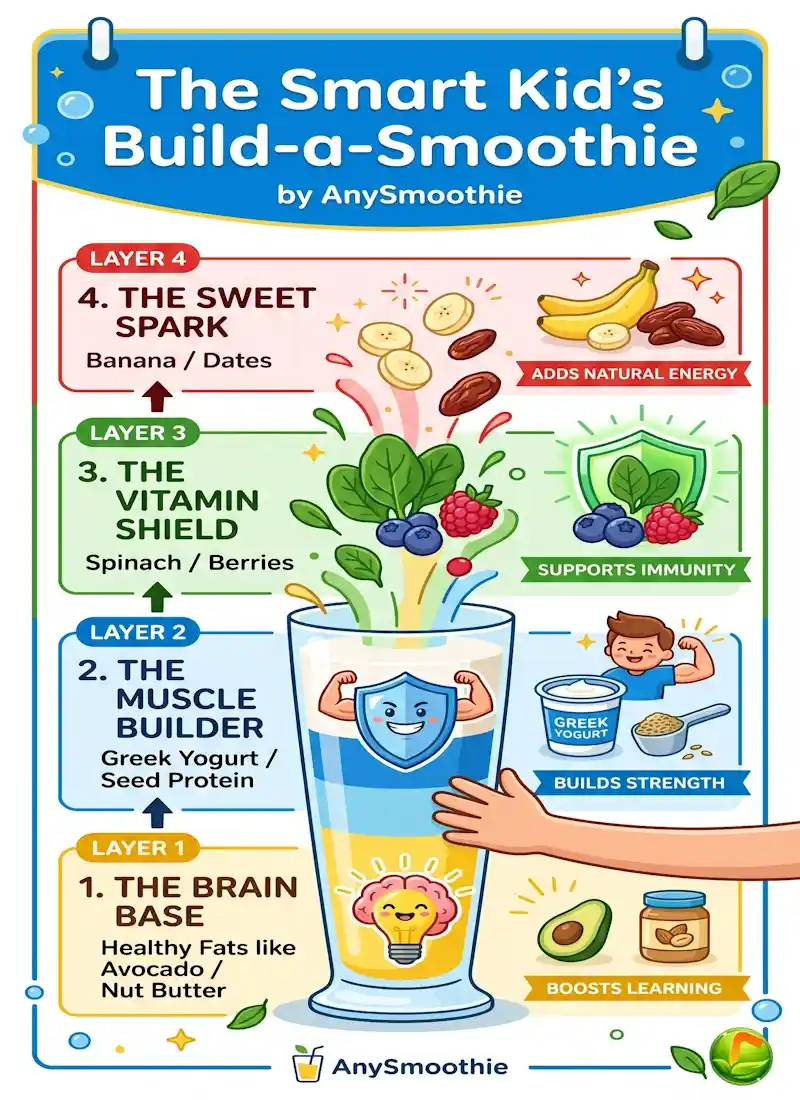 Colorful kids infographic by AnySmoothie titled 'The Smart Kid's Build-a-Smoothie' showing 4 layers: Brain Base, Muscle Builder, Vitamin Shield, and Sweet Spark with fun icons.