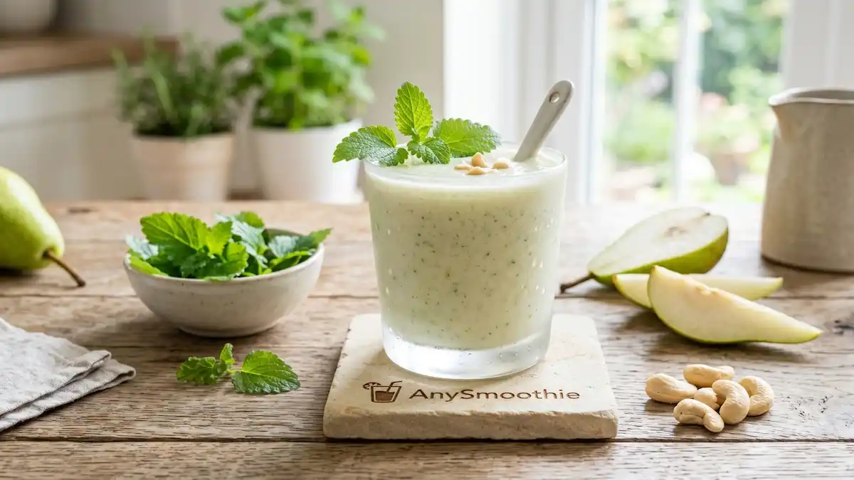 A refreshing pale green cortisol support smoothie by AnySmoothie in a frosted glass, garnished with lemon balm and surrounded by sliced pears and raw cashews on a sandstone coaster to evoke midday physiological balance.