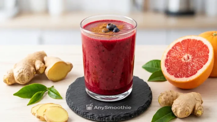 A vibrant deep-red berry smoothie with cinnamon on top, placed on an AnySmoothie volcanic stone coaster, surrounded by fresh ginger, grapefruit, and green tea leaves.