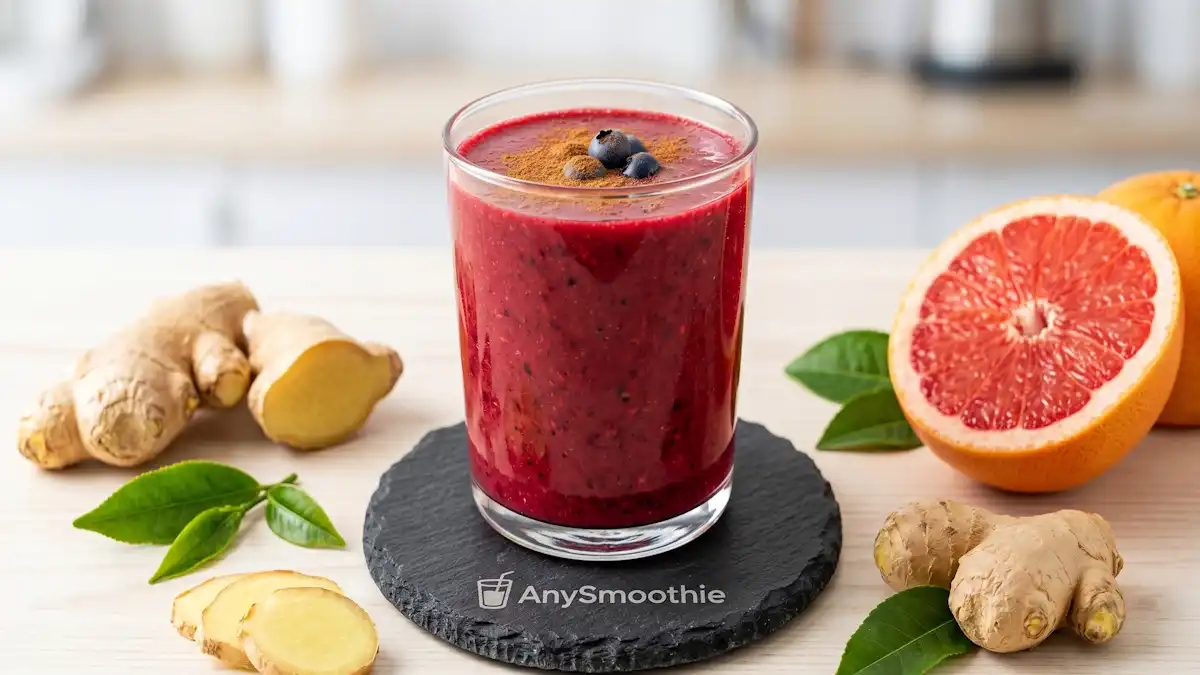 A vibrant deep-red berry smoothie with cinnamon on top, placed on an AnySmoothie volcanic stone coaster, surrounded by fresh ginger, grapefruit, and green tea leaves.