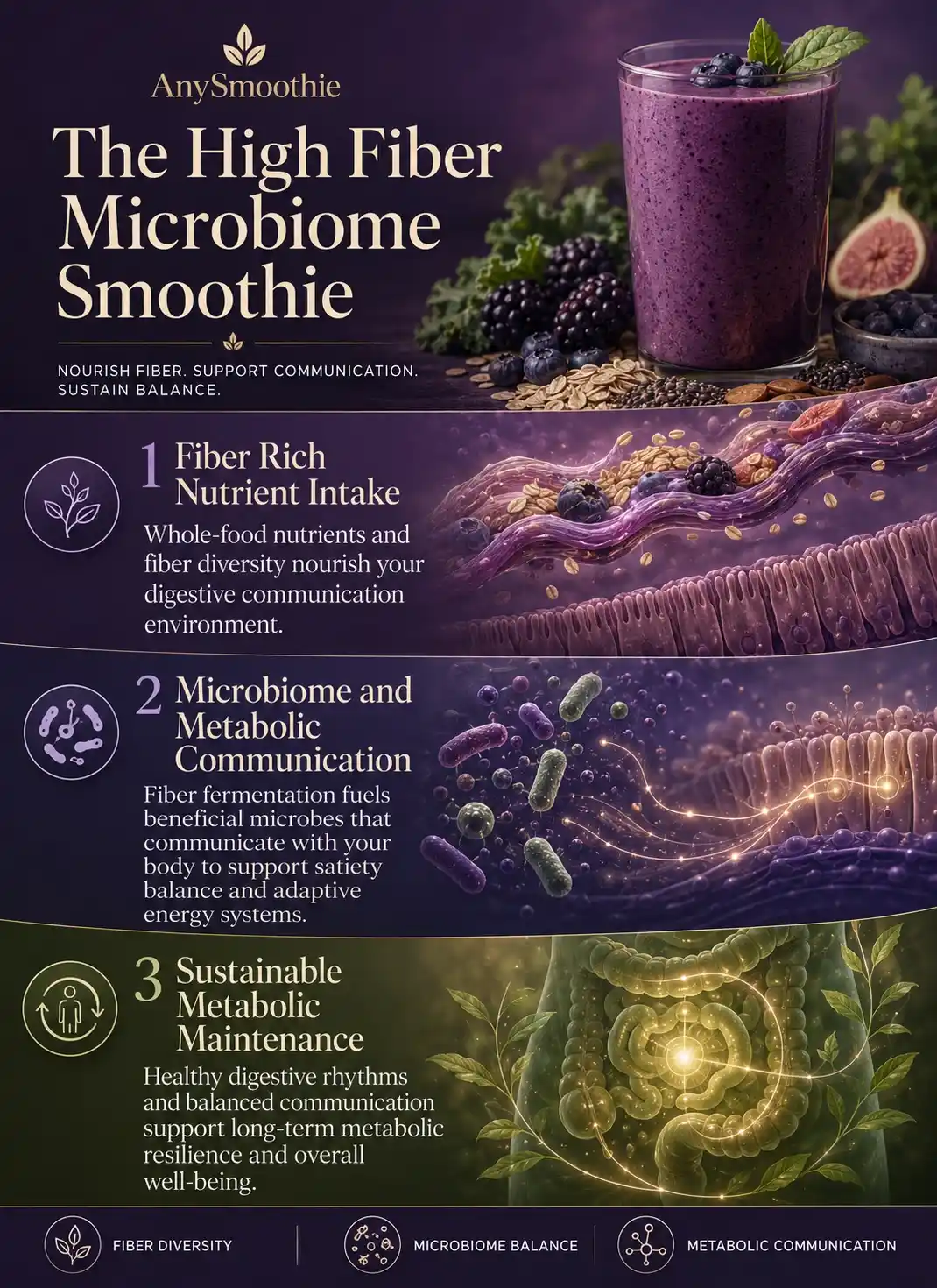 Premium wellness-science infographic for AnySmoothie showing a high fiber smoothie microbiome driven lipolysis concept with digestive ecosystem communication, microbiome balance, fermentation pathways, metabolic resilience, and fiber-rich smoothie nutrition patterns.