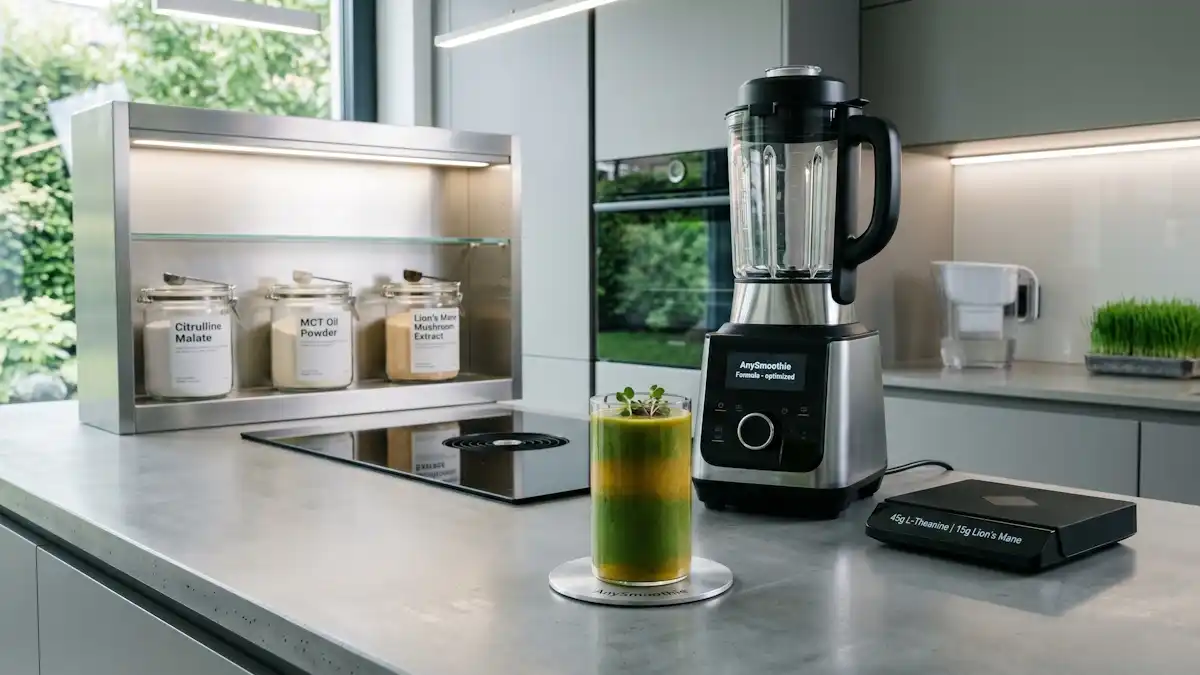 An ultra-clean high-tech kitchen featuring a professional blender, digital scale, and a green-gold layered smoothie on an AnySmoothie aluminum coaster, with jars of Citrulline, MCT, and Lion's Mane.