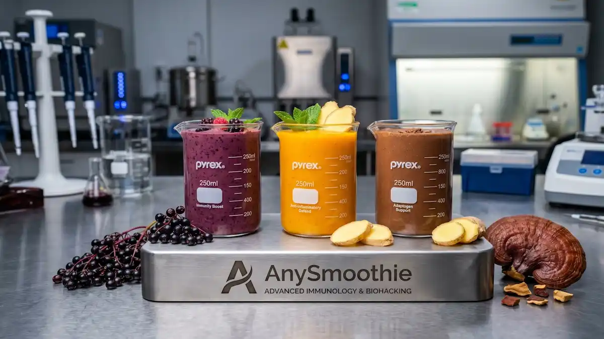 Three professional smoothies for immune resilience in laboratory glassware with elderberries, ginger, and reishi mushrooms on a laser-etched AnySmoothie titanium coaster.