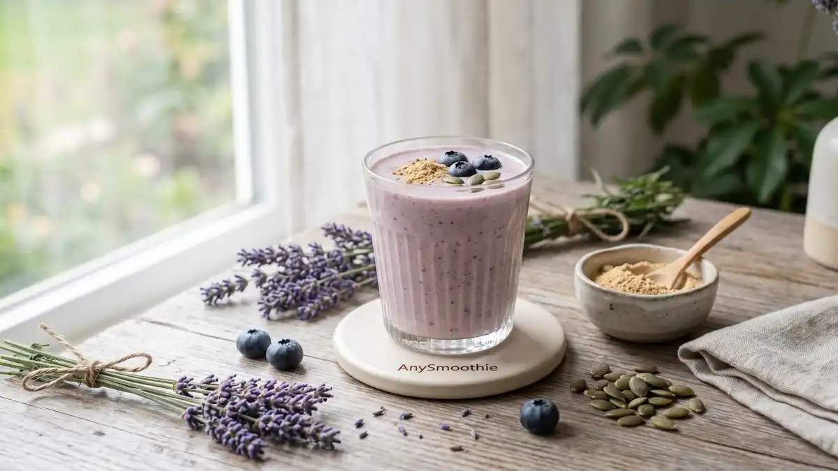 A serene light-purple berry smoothie on an AnySmoothie ceramic coaster, styled with fresh lavender, maca powder, and pumpkin seeds in soft morning light.
