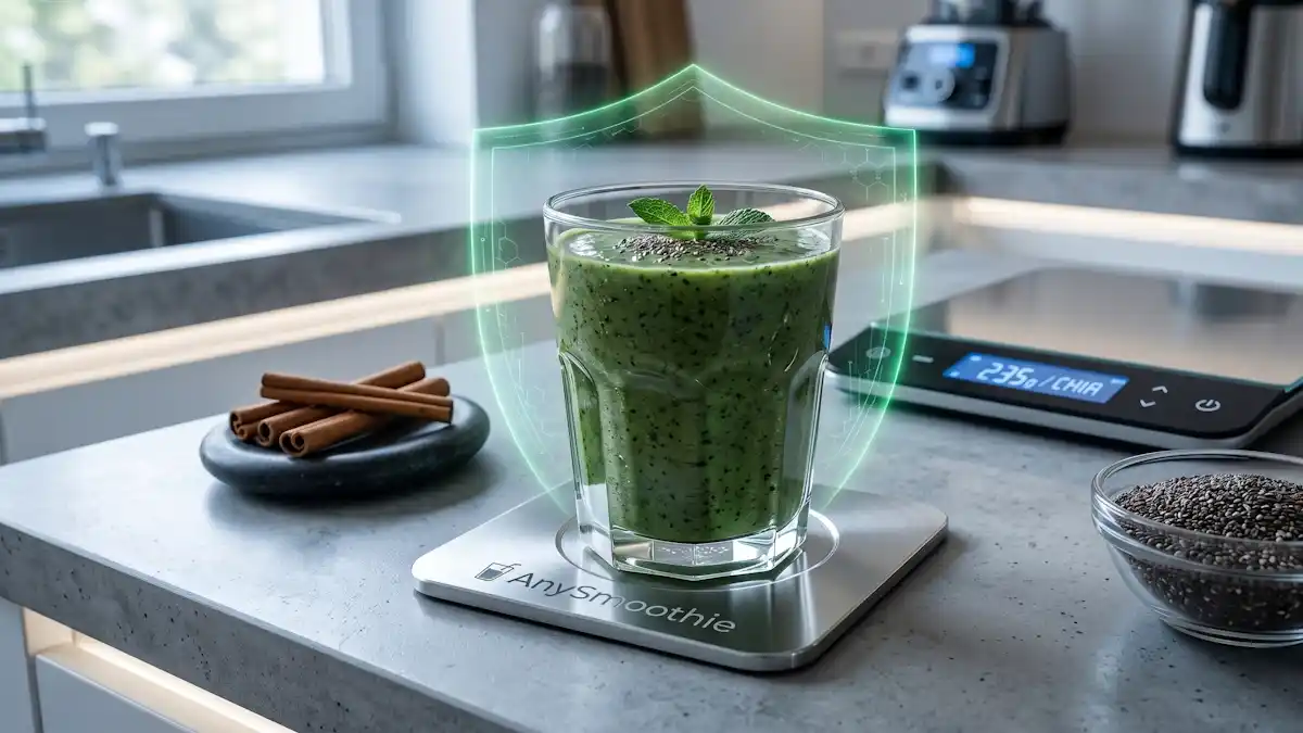 A futuristic thick green smoothie with a glowing digital shield aura on an AnySmoothie chrome coaster, featuring chia seeds, cinnamon sticks, and a high-tech kitchen scale.
