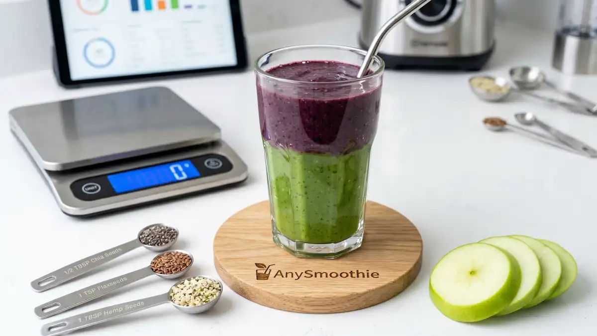 Technical food photography of a layered green and purple fiber-first weight loss smoothie on an 'AnySmoothie' engraved oak coaster, featuring precise measurements of chia seeds, flaxseeds, and green apple slices with a digital kitchen scale in a bright clinical setting.