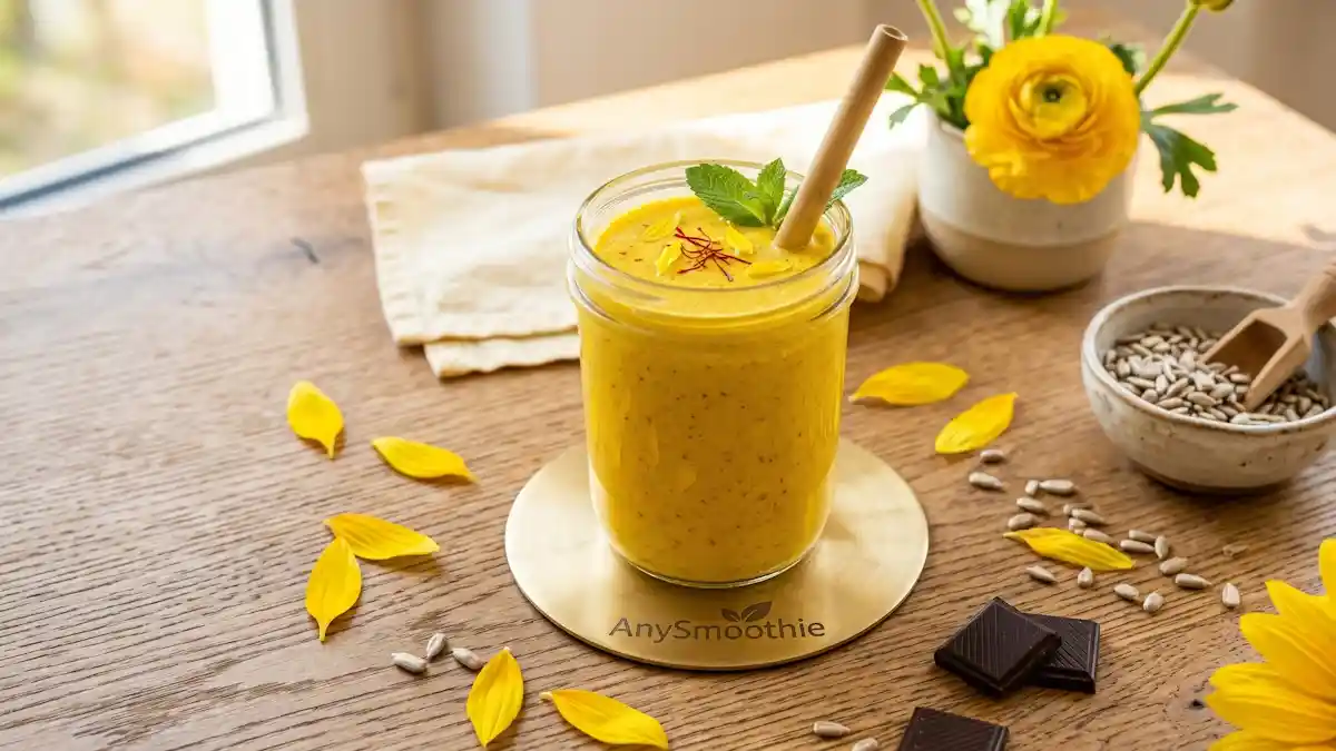 Golden-yellow AnySmoothie for mood support with saffron and turmeric on a laser-etched brass coaster, surrounded by sunflower seeds and dark chocolate.