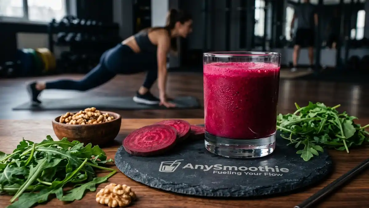 Deep magenta beetroot smoothie in a glass on a laser-etched dark slate AnySmoothie coaster, with arugula, walnuts, and an athlete stretching in the background.
