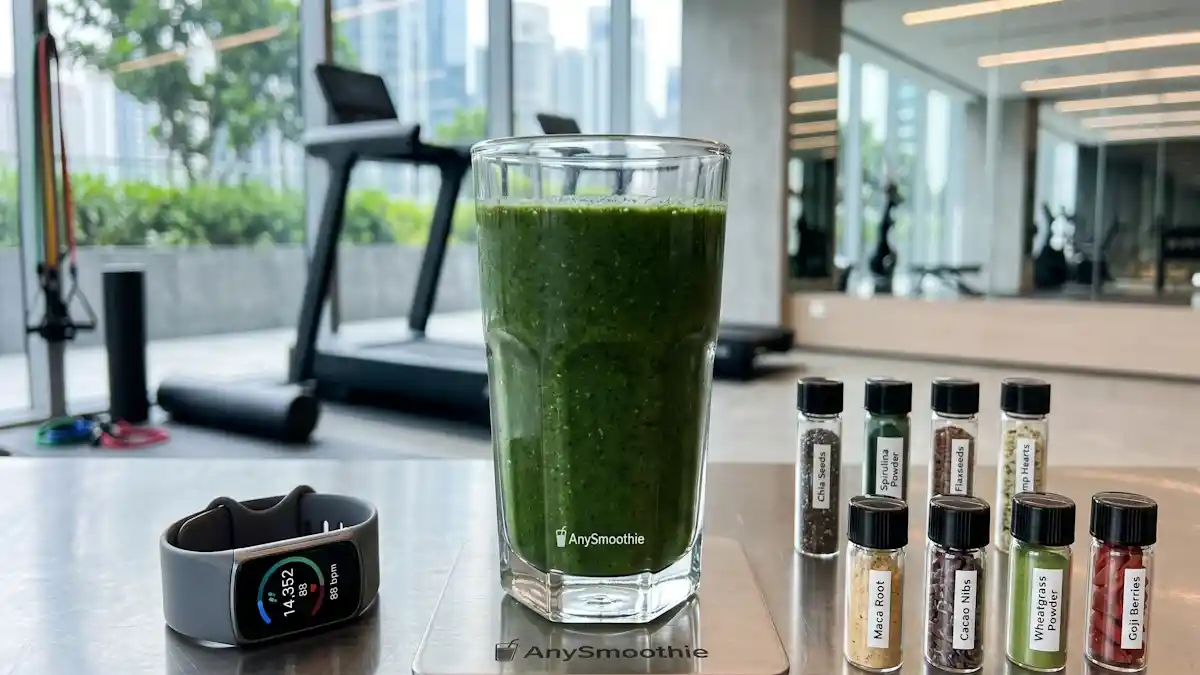 A dark green AnySmoothie beverage in a high-performance glass on a laser-etched steel coaster, surrounded by superfood vials and a fitness tracker in a minimalist gym, representing a nutrient-dense smoothie for smart weight loss.