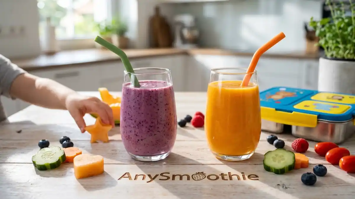 A bright, joyful shot of colorful purple and orange smoothies in kid-friendly glasses with reusable straws, surrounded by fruit shapes, blueberries, and a colorful lunchbox on an AnySmoothie etched wooden table.