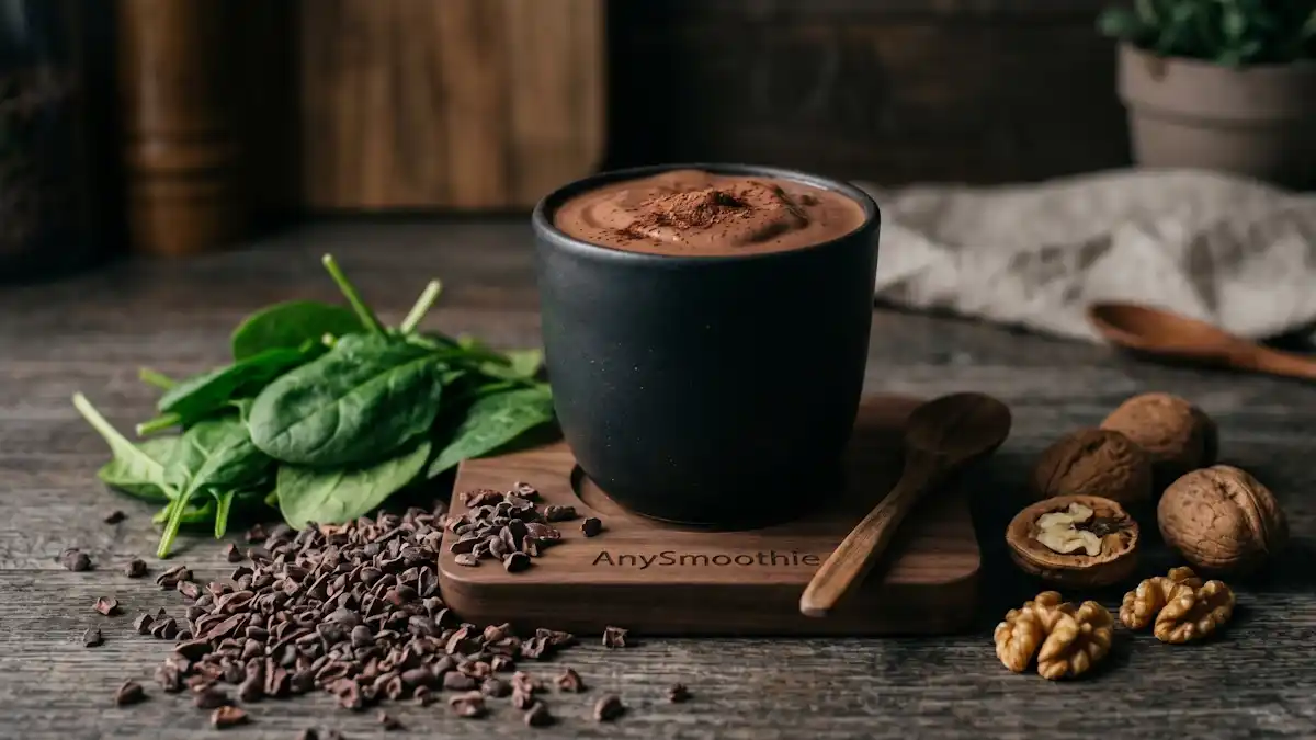 A thick chocolate smoothie in a matte black ceramic cup on a walnut coaster with AnySmoothie logo, surrounded by fresh spinach, cacao nibs, and walnuts in soft moody lighting.