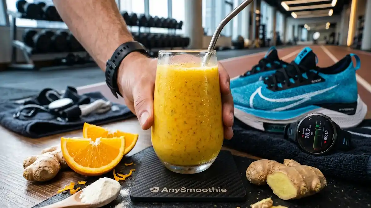 "A vibrant turmeric and orange AnySmoothie on a carbon-fiber coaster, featuring fresh ginger and collagen powder, positioned as structural smoothies for active runners alongside elite GPS gear and running shoes."
