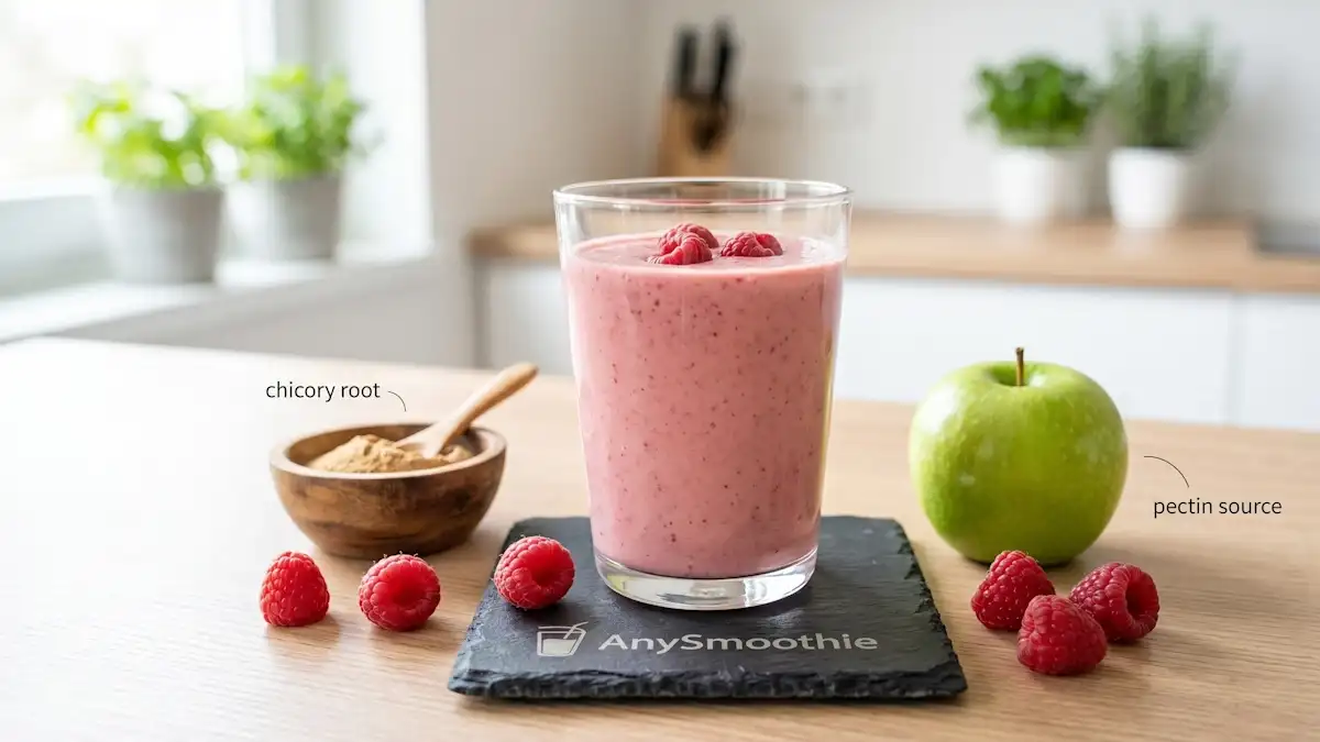A creamy soft-pink berry smoothie on an AnySmoothie slate coaster, featuring a green apple as a pectin source, raspberries, and chicory root powder for prebiotic fiber.