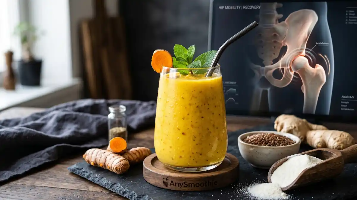 A performance-focused yellow-orange turmeric and pineapple smoothie on a laser-etched AnySmoothie coaster, surrounded by ginger, flaxseeds, and collagen to showcase a support smoothie for hip integrity.