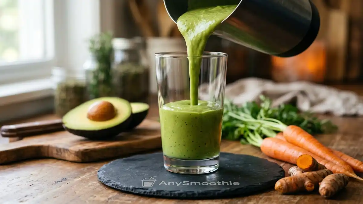 High-definition shot of a thick green avocado nutrient carrier smoothie pouring into a glass with a laser-etched AnySmoothie logo, featuring turmeric roots and carrots to illustrate fat-soluble nutrient delivery.