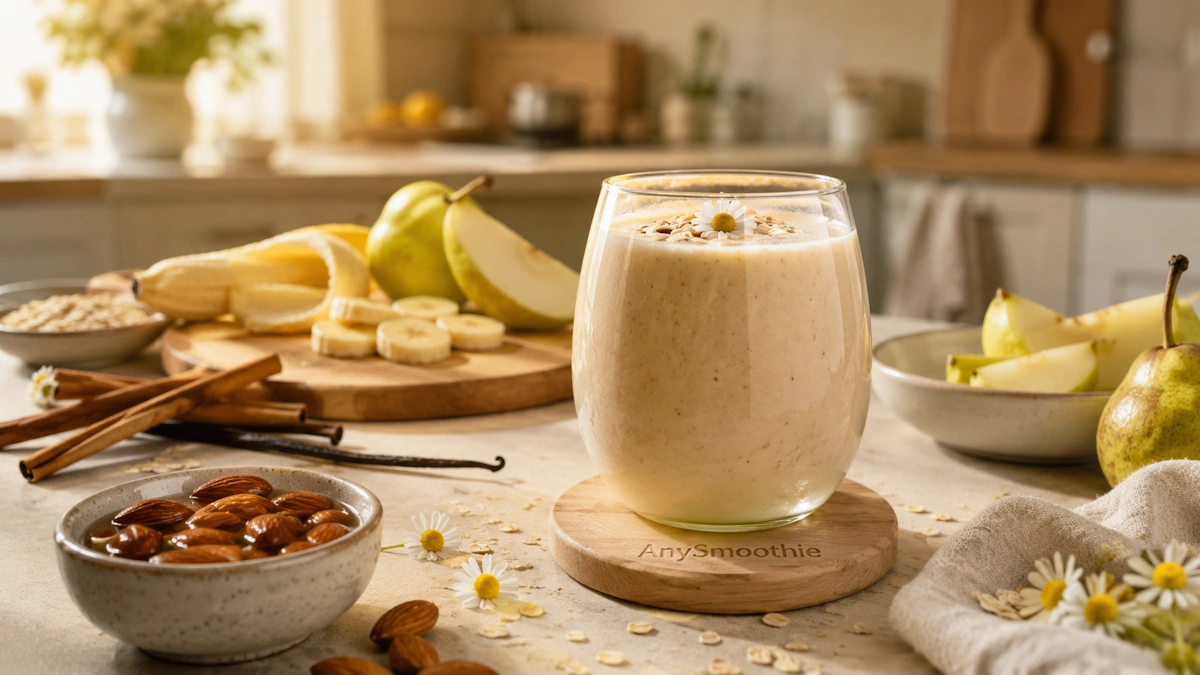 Creamy banana smoothie for acid reflux with pear, oats, chamomile, cinnamon, and almonds served in an artisan glass on a wooden coaster in a cozy sunlit kitchen