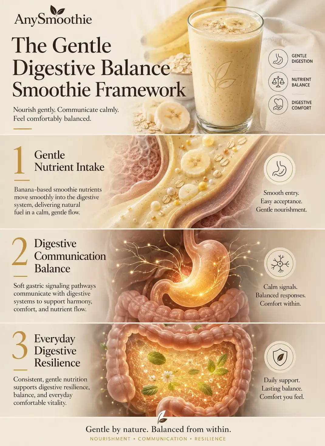 Banana smoothie for acid reflux infographic illustrating gentle digestive balance, soothing nutrient intake, calm gastric communication pathways, and digestive comfort support in a premium wellness-science editorial design.