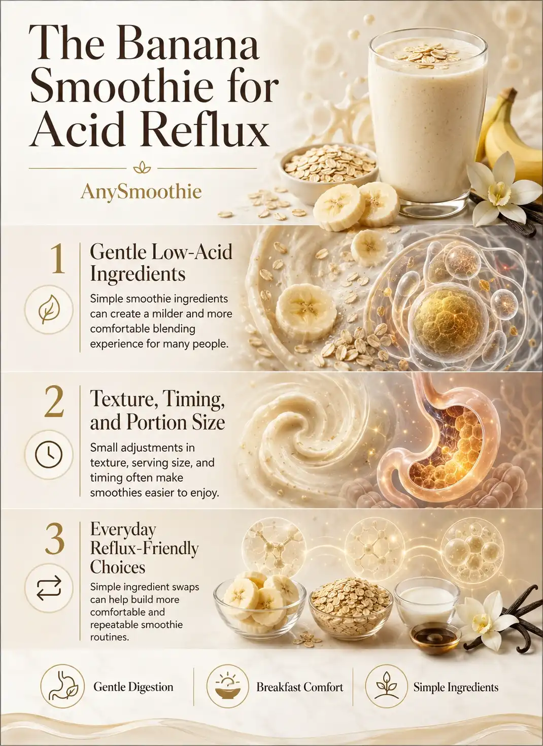 Banana smoothie for acid reflux infographic featuring gentle low-acid ingredients, texture and portion guidance, and reflux-friendly smoothie choices with banana, oats, vanilla, and digestive wellness visuals.