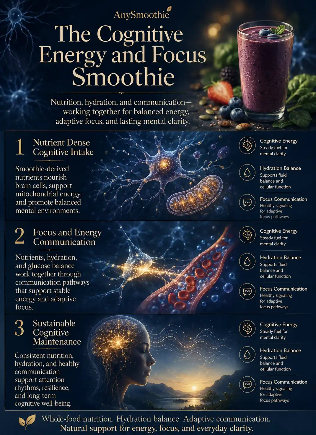 Premium wellness-science infographic titled “The Cognitive Energy and Focus Smoothie” featuring neuro-inspired biological visuals, hydration balance pathways, cognitive energy systems, adaptive focus communication, and a nutrient-dense smoothie in a cinematic editorial design.
